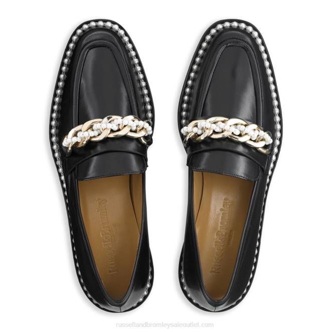 VXTJ224 negro Russell And Bromley mujer mocasines Cleopatra con cadena de perlas